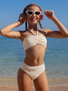 SHEIN 3 件套少女吊带比基尼套装带沙滩裙，欧式服装套装，夏季海滩度假装 - 杏色 - 查看 4