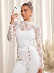SHEIN Clasi Women Fitted Pleated Sheer Lace Long Sleeve Blouse, Elegant Everyday Wear, Spring/Summer
