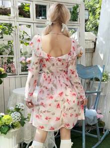 SHEIN Teen Girl's Elegant Square Collar Ruffle Hem Cinched Waist Floral Decor Dress - Pink - View 2