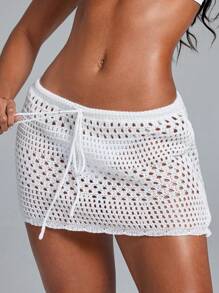 Swim Lushoire Wavy Hemline, Beach Cover-Up Skirt, Geometric Perforated Pattern, For Summer Vacation