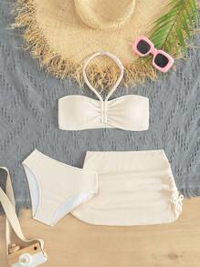 SHEIN 3 件套少女吊带比基尼套装带沙滩裙，欧式服装套装，夏季海滩度假装 - 杏色 - 查看 8