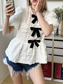 SHEIN Leap Crew Áo cánh tay bồng phối màu đơn giản buộc nơ phía trước cho bé gái tuổi teen - trắng - Xem 5