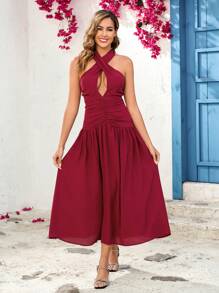 SHEIN Clasi 度假装女士，优雅女士酒红色重叠领带，褶皱开叉腰，A 字飘逸连衣裙，适合各种场合，春夏连衣裙，浪漫优雅 - 酒紅色 - 查看 1