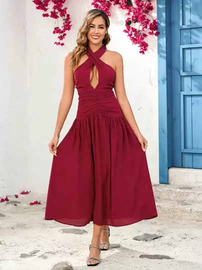 SHEIN Clasi 度假装女士，优雅女士酒红色重叠领带，褶皱开叉腰，A 字飘逸连衣裙，适合各种场合，春夏连衣裙，浪漫优雅