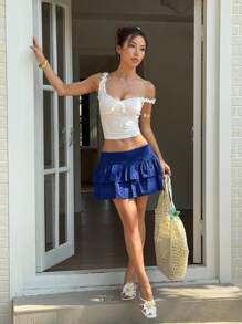 SHEIN Unity Indigo Embroidered Ruffle Hem Skirt - Navy Blue - View 3