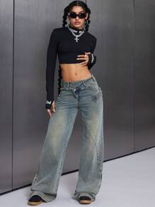 SHEIN ICON Jeans casuales de mujer ajuste holgado con bolsillo asimétrico en la cintura