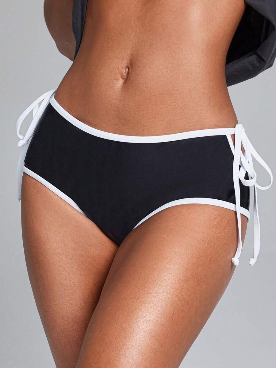 Swim SPRTY Women's Contrast Binding Bikini Bottom, Hollow-Out Bowknot Tie Front Bikini Bottom, For Summer Beach Vacation