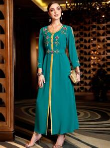 Al Najma Handmade Rhinestone Patchwork Long Sleeve Split Arab Style Long Dress, Arabian Dresses - Green - View 6