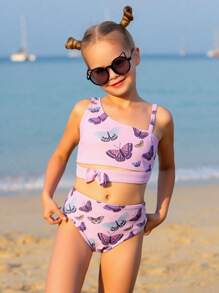 3 件套年轻女孩可爱蝴蝶印花比基尼带沙滩裙泳装套装 - 粉色 - 查看 6