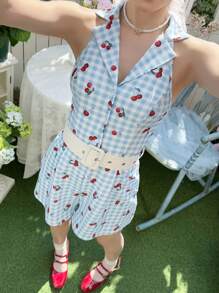 SHEIN 少女优雅简约格子樱桃印花无袖连体裤