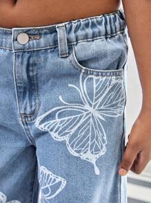 Girls' New Butterfly Print Straight Leg Wide Leg Versatile Jeans - Medium Wash - View 8