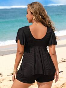 Swim Lushoire 加大码 2 件纯色宽罗纹面料前抽绳比基尼套装，适合夏季海滩度假 - 黑色 - 查看 2