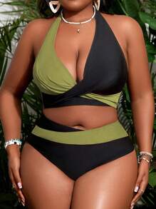SHEIN Slayr CURVE Plus Size Women Color Block Personalized Halter Bikini Set, Vacation Wear, For Summer Beach