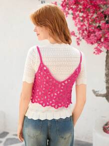 Skyraze Rose Pink Adorable Beach Crochet Floral Knitted Tank Top, Mesh Openwork Vest For Women - Hot Pink - View 2