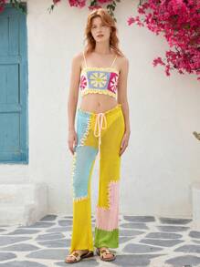 Skyraze Women's Multicolor Patchwork Wide Leg Pants, Spring Knitted Trousers - Multicolor - View 5