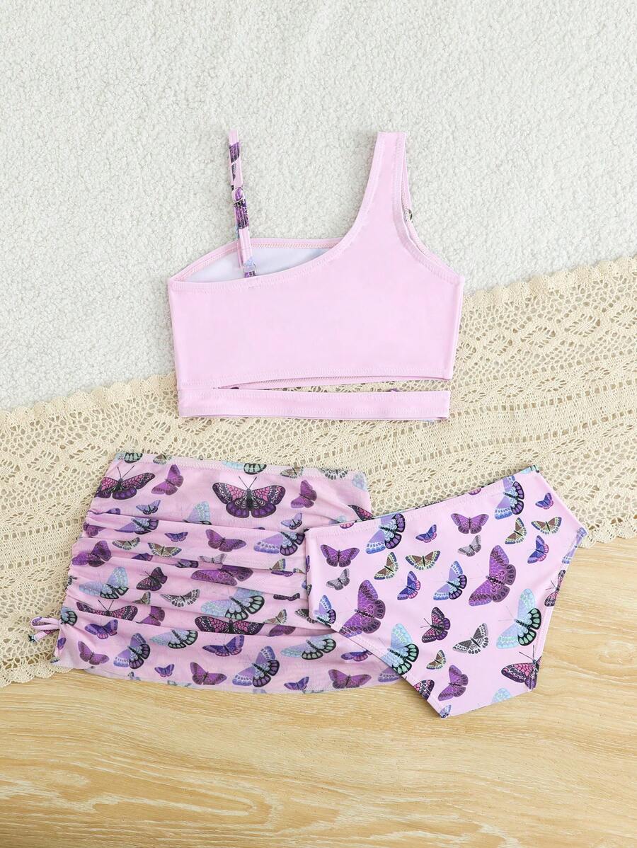 Young Girl 3 Piece Bathing Suit Cute Butterfly Print Top Bikini Set And Mesh Beach Skirt - Pink - View 1