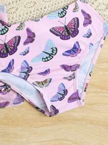 3 件套年轻女孩可爱蝴蝶印花比基尼带沙滩裙泳装套装 - 粉色 - 查看 3