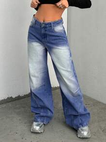 SHEIN Jeans ample à jambe large, taille mi-haute, avec poches, style casual polyvalent pour femmes