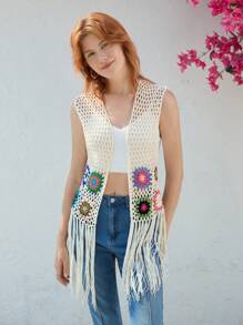 Skyraze 米色度假流苏女式上衣和背心，钩针花卉 - 杏色 - 查看 5