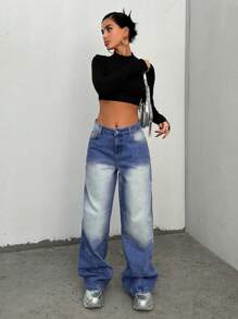 SHEIN Jeans ample à jambe large, taille mi-haute, avec poches, style casual polyvalent pour femmes