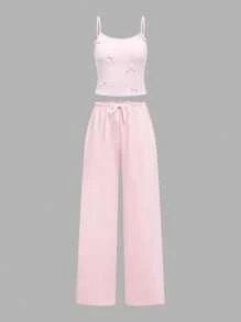 SHEIN Conjunto informal de 2 piezas de camiseta sin tirantes con lazo y pantalones, estilo Y2K para chicas adolescentes, cómodo y ajustado