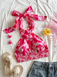 Soleia Vacation Lively Silhouette Floral Print Halter Top - Hot Pink - View 1