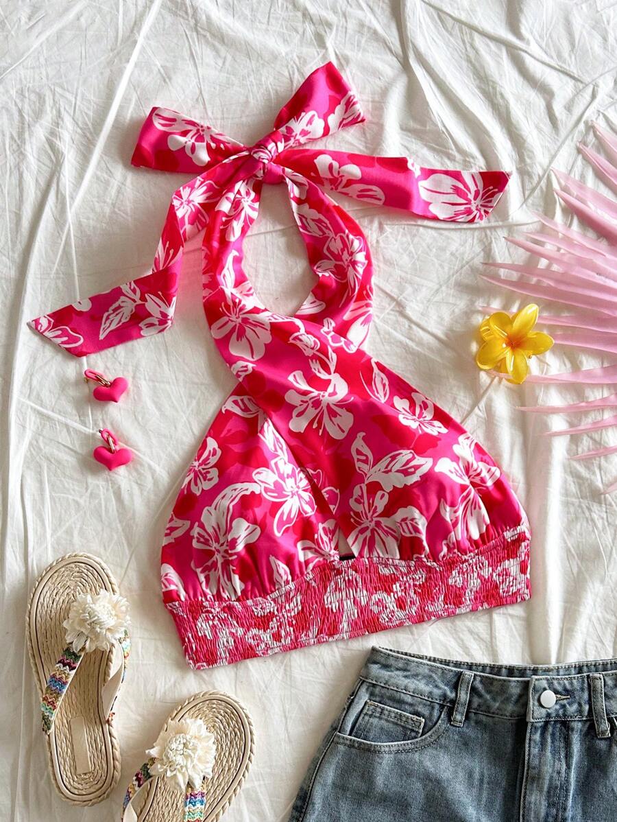 Soleia Vacation Lively Silhouette Floral Print Halter Top - Hot Pink - View 1
