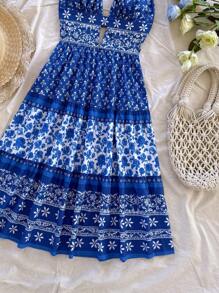 Soleia Summer Retro Spaghetti Strap Backless Dress, Suitable For Vacation - Blue - View 4