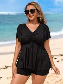 Swim Lushoire 加大码 2 件纯色宽罗纹面料前抽绳比基尼套装，适合夏季海滩度假 - 黑色 - 查看 4