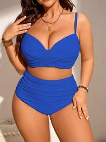 SHEIN Swim Curve 2pcs/Set Plus Size Women Solid Color Chest Pad Separate Bikini Swimwear Swimsuits And Swimming Trunks, Summer Beach Vacation