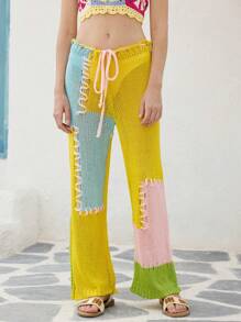 Skyraze Women's Multicolor Patchwork Wide Leg Pants, Spring Knitted Trousers - Multicolor - View 1