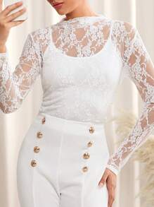 SHEIN Clasi Women Fitted Pleated Sheer Lace Long Sleeve Blouse, Elegant Everyday Wear, Spring/Summer
