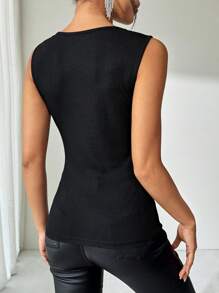SHEIN Clasi 女式黑色罗纹背心女式背心无袖圆领纯黑色针织弹力贴花亮钻春夏女士节日服装优雅上衣 - 黑色 - 查看 8