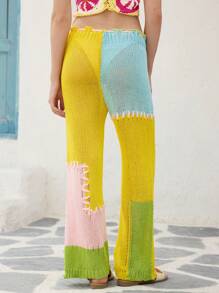 Skyraze Women's Multicolor Patchwork Wide Leg Pants, Spring Knitted Trousers - Multicolor - View 2