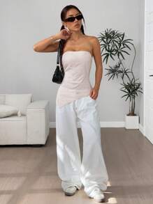 Flirla Women Solid Color Asymmetrical Hem Fashionable Bandeau Top - Apricot - View 5