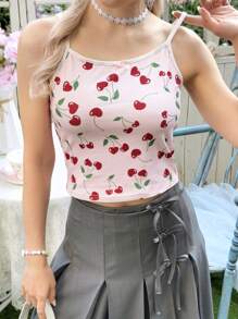 SHEIN Teens' Slim-Fit Casual Minimalist Comfortable Cherry Pattern Bow Decor Camisole - Pink - View 6