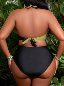 SHEIN Slayr CURVE Plus Size Women Color Block Personalized Halter Bikini Set, Vacation Wear, For Summer Beach