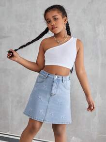Spódnica dżinsowa w stylu casual z nadrukiem w stylu tween girl
