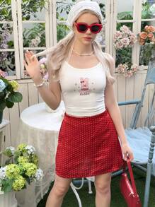 SHEIN 少女优雅兔子卡通图案吊带背心上衣和红色圆点裙两件套 - 白色 - 查看 5