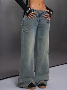 SHEIN ICON Jeans casuales de mujer ajuste holgado con bolsillo asimétrico en la cintura