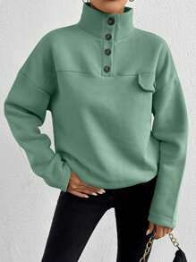 RueChic Cotton Half Button Flap Detail Drop Shoulder Sweatshirt - Mint Green - View 4