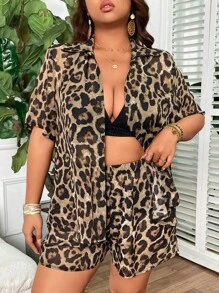 Swim Lushoire Plus Size Women 2 Pieces Set Leopard Print Cover Up Cover Up And Shorts Sexy Casual Beach Coverup Outfit For Summer Beach Vacation - Brown - View 5