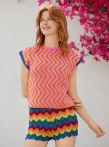 Skyraze 女士圆领粉色波浪图案针织毛衣背心 - 彩色 - 查看 5