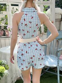 SHEIN 少女优雅简约格子樱桃印花无袖连体裤