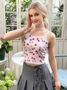 SHEIN Teens' Slim-Fit Casual Minimalist Comfortable Cherry Pattern Bow Decor Camisole - Pink - View 4