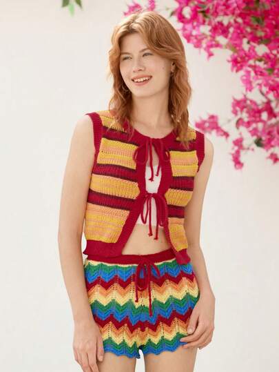 Skyraze Women's Striped Front Tie Casual Loose Knit Vest