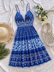 Soleia Summer Retro Spaghetti Strap Backless Dress, Suitable For Vacation - Blue - View 1