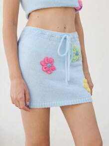 SHEIN Unity Casual Holiday 3D Flower Drawstring Waist Knitted Skirt - Blue - View 3