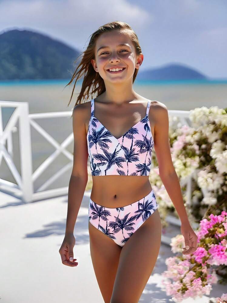 SHEIN 度假风格棕榈树印花比基尼套装，适合少女，两件套沙滩套装，泳衣套装 - 彩色 - 查看 5