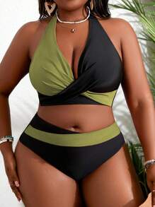 SHEIN Slayr CURVE Plus Size Women Color Block Personalized Halter Bikini Set, Vacation Wear, For Summer Beach